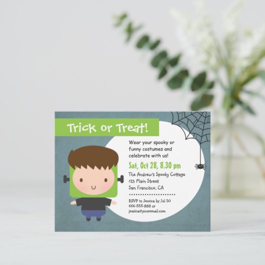 Niedliches Frankenstein Boy Kids Halloween-Party Einladung (Stehend Vorderseite)