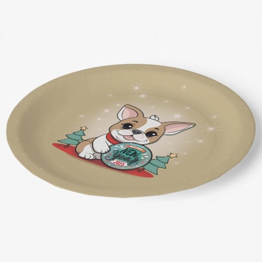Niedliches französisches Bulldog Funny Silvester P Pappteller (Schrägansicht)