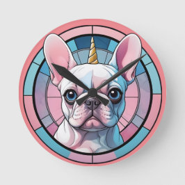 Niedliches französisches Bulldog Pastell Unicorn Runde Wanduhr