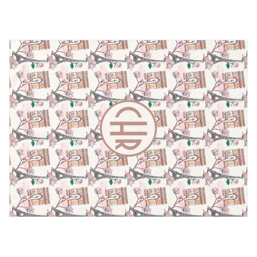 Niedliches französisches Theme Monogram | Frankrei Tischdecke (Vorderseite (Horizontal))