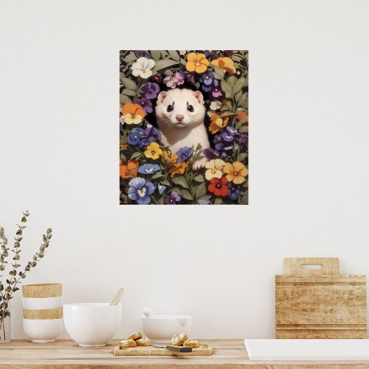 Niedliches Frettchen im Garten des Stiefmütterchen Poster (Küche)