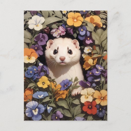 Niedliches Frettchen im Garten des Stiefmütterchen Postkarte (Vorderseite)