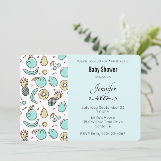 Niedliches Fruchtmuster Sommerlicher Baby Dusche Einladung (Stehend Vorderseite)