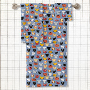 Niedliches Funny Kitty Cat Faces Pattern Blau Badhandtuch Set