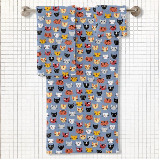 Niedliches Funny Kitty Cat Faces Pattern Blau Badhandtuch Set