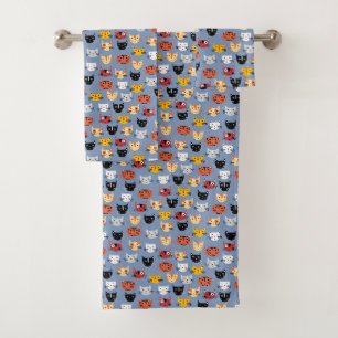 Niedliches Funny Kitty Cat Faces Pattern Blau Badhandtuch Set