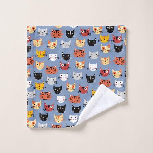 Niedliches Funny Kitty Cat Faces Pattern Blau Badhandtuch Set (Waschlappen)