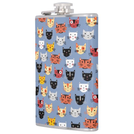 Niedliches Funny Kitty Cat Faces Pattern Blau Flachmann (Links)