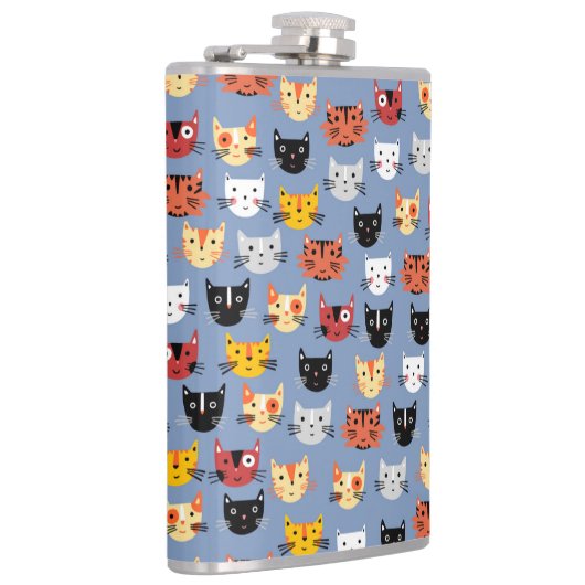 Niedliches Funny Kitty Cat Faces Pattern Blau Flachmann (Rechts)