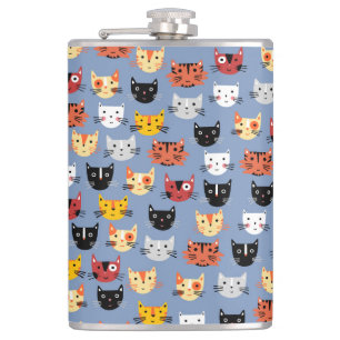Niedliches Funny Kitty Cat Faces Pattern Blau Flachmann