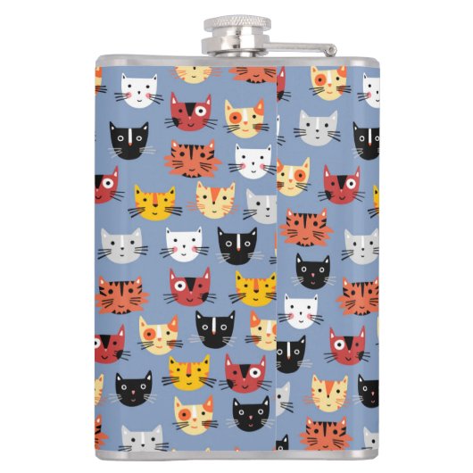 Niedliches Funny Kitty Cat Faces Pattern Blau Flachmann (Rückseite)