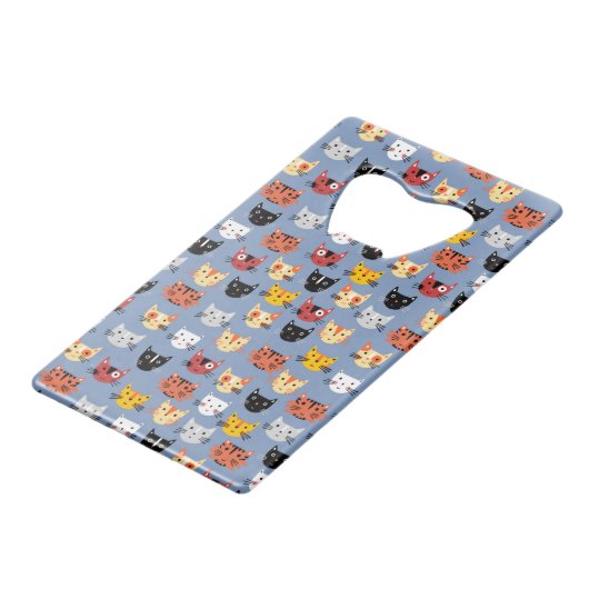 Niedliches Funny Kitty Cat Faces Pattern Blau Geldbeutel Flaschenöffner (Vorderseite Schrägansicht)