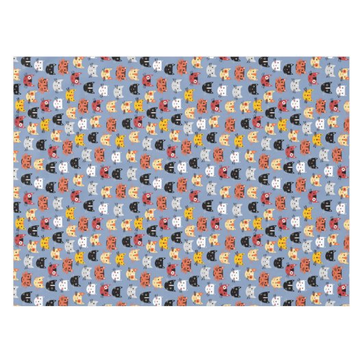 Niedliches Funny Kitty Cat Faces Pattern Blau Tischdecke (Vorderseite (Horizontal))