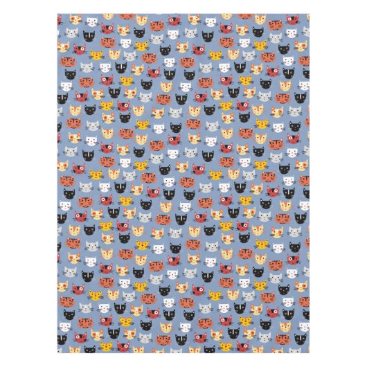 Niedliches Funny Kitty Cat Faces Pattern Blau Tischdecke (Vorderseite)