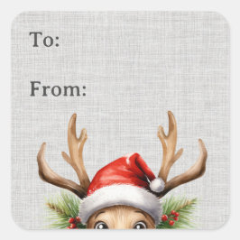 Niedliches Funny Peeking Rentier-Geschenksiegel Quadratischer Aufkleber