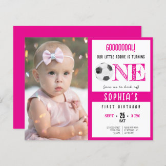 Niedliches Fußball-Foto Pink 1. Geburtstag Einladu