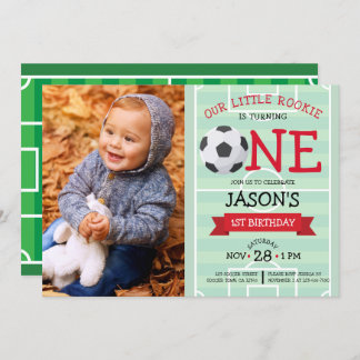 Niedliches Fußballfeld und Foto Ribbon 1. Geburtst Einladung