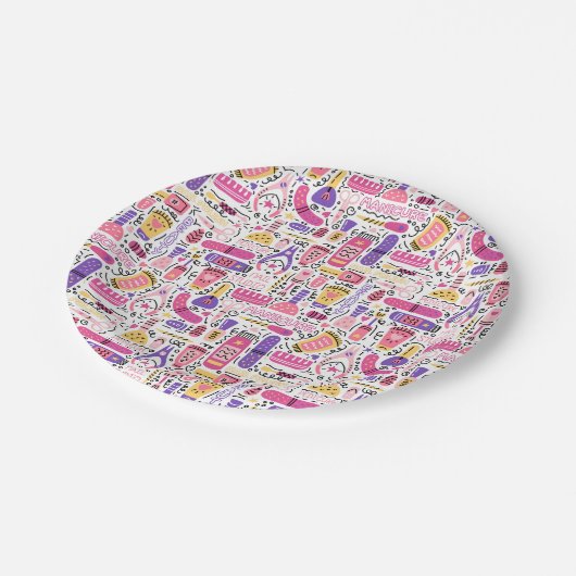 Niedliches Gekritzel-Maniküre-Muster Pappteller (Schrägansicht)