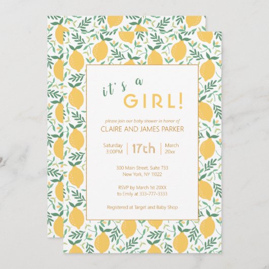 Niedliches Gelbblätterblatt | Girl Baby Dusche Einladung (Vorne/Hinten)