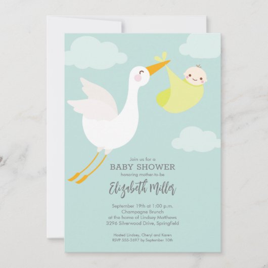 Niedliches Gelbbündel Stork Babydusche Einladung (Vorderseite)