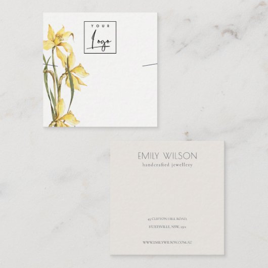 Niedliches gelbes, florales Logo-Nekklace-Display Quadratische Visitenkarte (Vorne/Hinten)