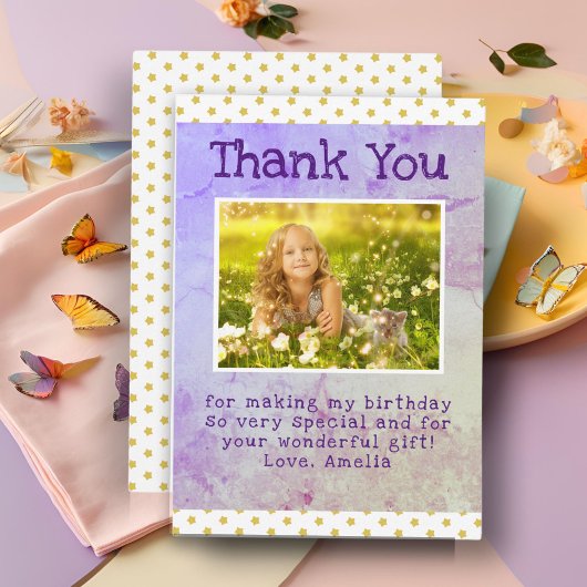 Niedliches Gelbes Sternmuster Mädchen Foto Geburts Dankeskarte