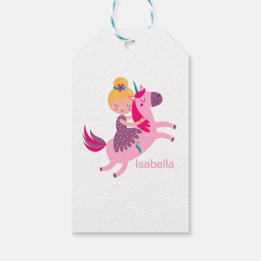 Niedliches Gelbhaariges Girl Reiten auf einem Einh Geschenkanhänger (Rückseite)