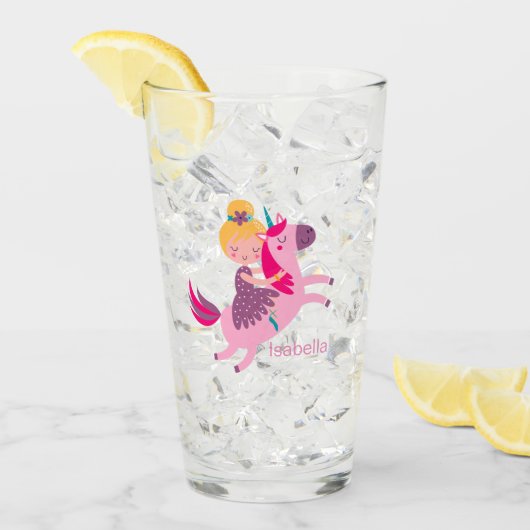 Niedliches Gelbhaariges Girl Reiten auf einem Einh Glas (Vorderseite Ice)