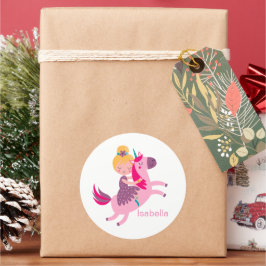 Niedliches Gelbhaariges Girl Reiten auf einem Einh Runder Aufkleber