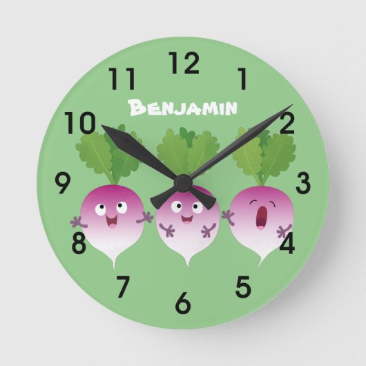 Niedliches Gemüsetrio mit Cartoon Runde Wanduhr (Vorderseite)
