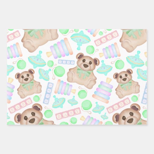 Niedliches Gender Neutral Teddy Bear Baby Geschenkpapier Set (Vorderseite 2)