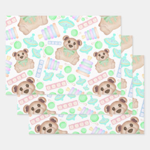 Niedliches Gender Neutral Teddy Bear Baby Geschenkpapier Set
