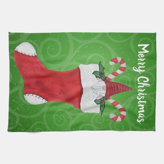 Niedliches Genom in Weihnachten Strumpf auf Wirbel Geschirrtuch (Horizontal)