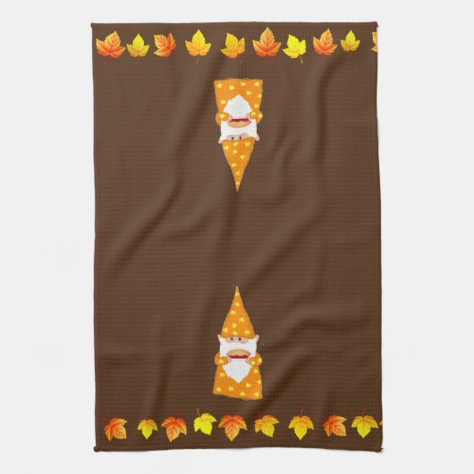 Niedliches Genom und Herbstleaves auf Braunen Geschirrtuch (Vertikal)