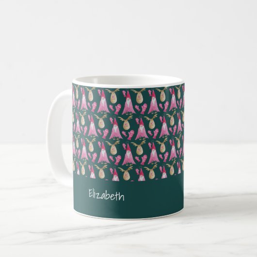 Niedliches Genom und Rentier mit rosa Handschuh Kaffeetasse (Vorderseite Links)