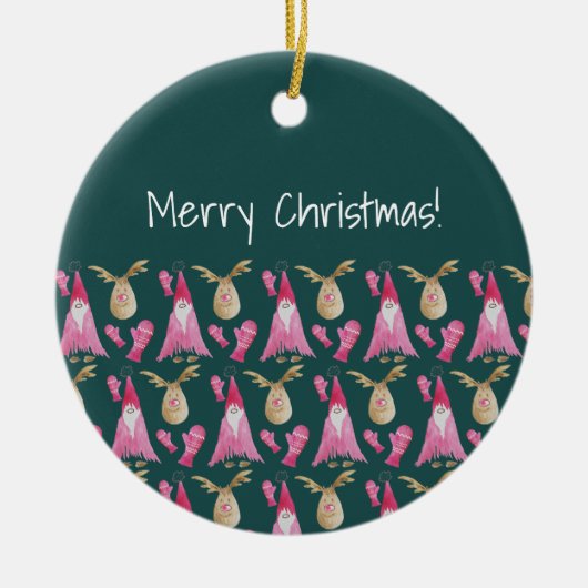 Niedliches Genom und Rentier mit rosa Handschuh Keramik Ornament (Vorne)