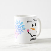 Niedliches Gesicht des Schneemans, Schneeflocken,  Kaffeetasse (VorderseiteRechts)