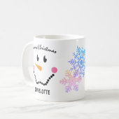 Niedliches Gesicht des Schneemans, Schneeflocken,  Kaffeetasse (Vorderseite Links)