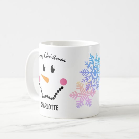Niedliches Gesicht des Schneemans, Schneeflocken,  Kaffeetasse (Vorderseite Links)