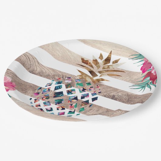 Niedliches, gestreiftes Ananas Pappteller (Schrägansicht)