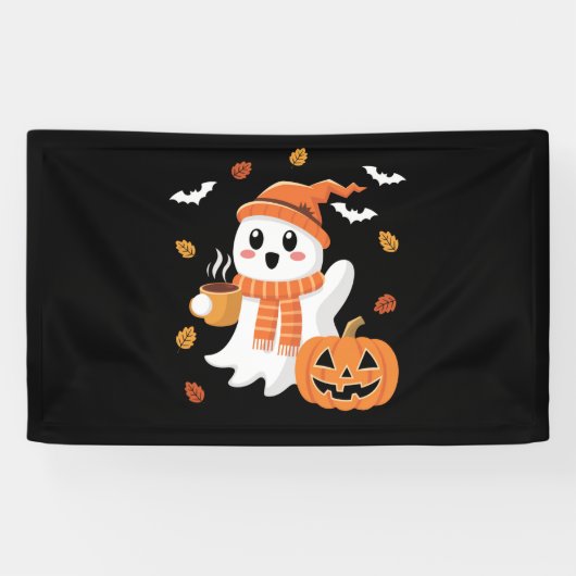 Niedliches Ghost Drink Eiskaffee Halloween Banner (Horizontal)