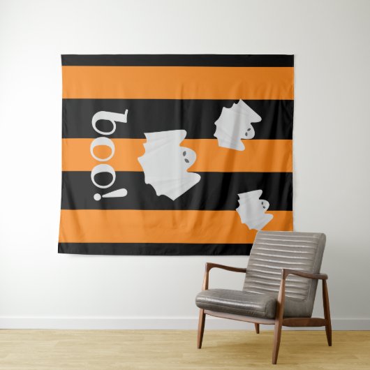 Niedliches Ghost Halloween Orange Black Strip Hint Wandteppich (Beispiel (Horizontal))