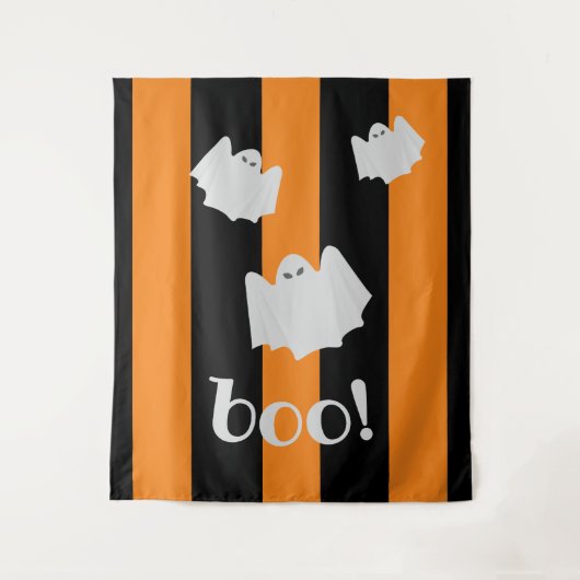 Niedliches Ghost Halloween Orange Black Strip Hint Wandteppich (Vorderseite)