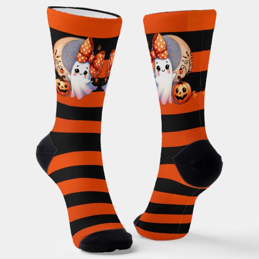 Niedliches Ghost Orange & Black Strip Halloween Socken (Gewinkelt)