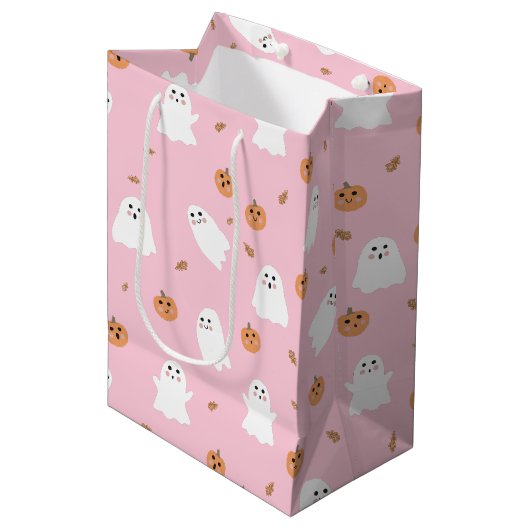 Niedliches Ghost-Pink-Pink-Halloween-Muster Mittlere Geschenktüte (Vorderseite Schrägansicht)