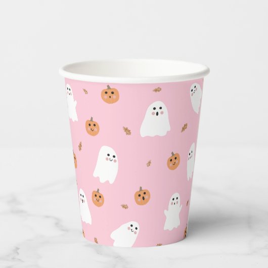 Niedliches Ghost-Pink-Pink-Halloween-Muster Pappbecher (Rückseite)