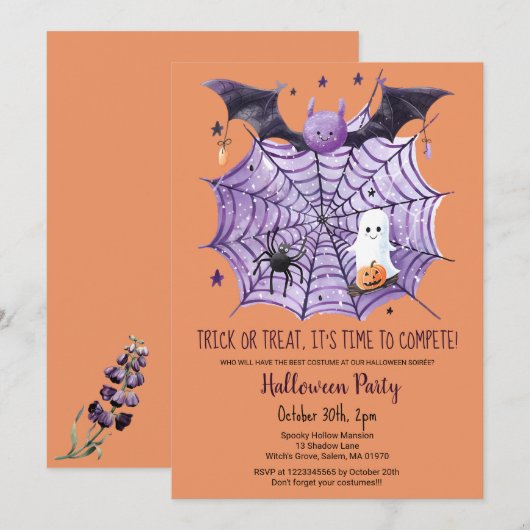 Niedliches Ghost Pumpkin Bat Spider Web-Halloween- Einladung (Vorne/Hinten)