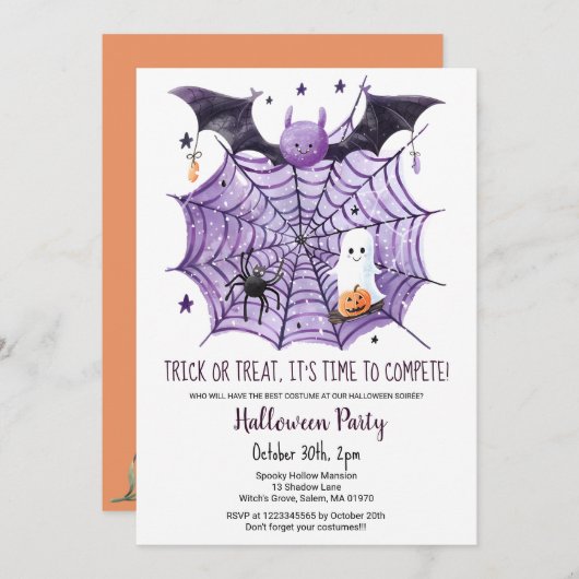 Niedliches Ghost Pumpkin Bat Spider Web-Halloween- Einladung (Vorne/Hinten)