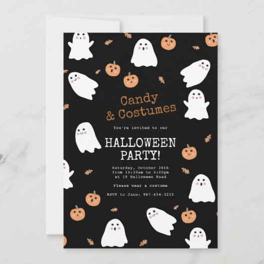 Niedliches Ghost & Pumpkin Black Halloween-Party Einladung (Vorderseite)
