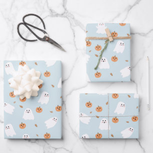 Niedliches Ghost & Pumpkin Blue Halloween-Muster Geschenkpapier Set